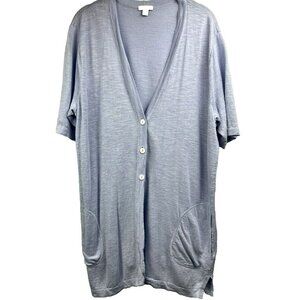 J Jill Cardigan Large Linen Blend Blue Short Sleeve‎ Button Lightweight Pockets